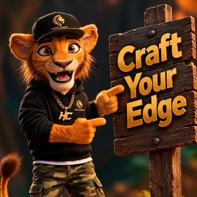 Femi the lion, smiling and pointing at a sign that says Craft Your Edge